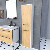 Aurlane - Colonne de salle de bain blanche -2 portes chêne naturel et poignées noir mat - structura F028