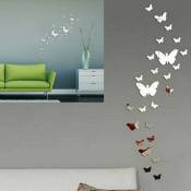 Autocollants Muraux Papillon, 25 Pièces 3D Argent Acrylique Papillon Miroir Autocollants Papillon Autocollants Muraux pour Décorer Salon Chambre