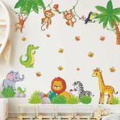 Jungle Animaux Sticker Mural Dessin Animé Animal Sticker Singe Girafe Lion Zèbre Éléphant Décoration Murale diy Vinyle Art Mural pour Enfants Chambre