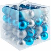 Lot de 64 boules de Noël argentées/bleues Surface mate, brillante ou pailletée Diamètre 6 cm - argentées/bleues