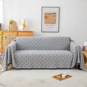 Multifonctionnel Jeté de lit ou Jeté de canapé, Entrelacement Gris et Blanc Couverture de Canapé avec des Pompons 180 x 230 cm Gris + Blanc