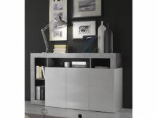 Buffet, meuble de rangement 3 portes coloris blanc brillant , ciment - longueur 146 x hauteur 93 x profondeur 42 cm