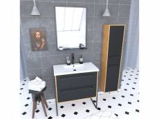 Meuble de salle de bain 80x50cm - vasque blanche 80x50cm -tiroirs noir mat + colonne + miroir
