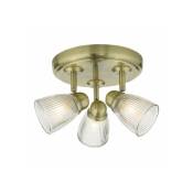 Plafonnier Spot Cedric Laiton antique,verre côtelé 3 ampoules 15cm - Laiton