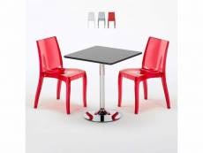 Table carrée noire 70x70cm avec 2 chaises colorées et transparentes set intérieur bar café cristal light platinum