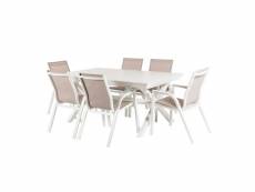 Table extensible 170-240 et 6 fauteuils aluminium blanc,textilène taupe chiné F61908131