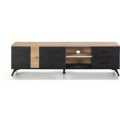 Homifab - Meuble tv 2 portes 2 tiroirs effet bois noir et bois naturel 180 cm - Zack - Black