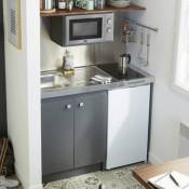 Kitchenette Simply grise caisson + plan de travail + évier + frigo + plaque vitrocéramique