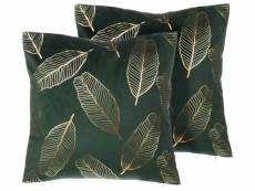 Lot de 2 coussins en velours vert à motif feuilles dorées 45 x 45 cm freesia 203207