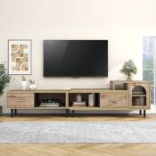 Meuble tv extensible aspect bois - 4 compartiments, 2 tiroirs, porte vitrée, longueur variable 170 cm-278 cm