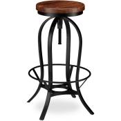Relaxdays - Tabouret de Bar, Design industriel, pivotant, Chaise haute ronde, Hauteur 76,5 cm max. fer bois, noir/marron