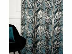 Rideau tamisant 135 x 280 cm à oeillets jacquard editeur bleu satiné motif plumes noir et blanc