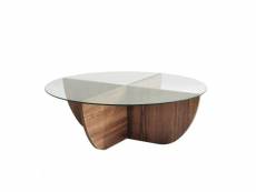 Table basse design sunac d90cm verre transparent et bois foncé