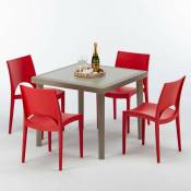 Table carrée beige + 4 chaises colorées Poly rotin synthétique Elegance Chaises Modèle: Paris rouge
