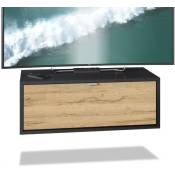Vladon - Meuble de tv Armoire suspendue Lowboard Lana 80 noir mat - haute brillance - Façades en Chêne Nature - Façades en Chêne Nature