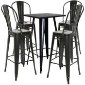 Ensemble Table + 4 Chaises de Bar Table Haute Noir Style Retro