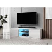 Furnix - meuble tv bas Arenal 140 blanc / blanc brillant avec led