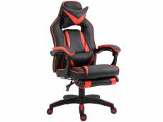 Homcom fauteuil gamer grand confort fauteuil de bureau gamer pivotant inclinable avec coussins et repose-pieds revêtement synthétique noir rouge