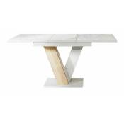 Mobilier1 - Table Goodyear 104, Blanc brillant + Sonoma chêne, 76x80x120cm, Allongement, Stratifié - Blanc brillant + Sonoma chêne