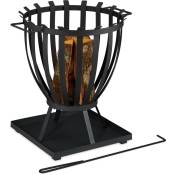 Relaxdays Brasero sur socle avec tisonnier, vasque ronde, en acier, HxLxP : 59x55,5x49 cm, pour jardin et terrasse, noir