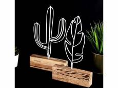 Set de 2 objets décoratifs à poser feuille et cactus zidas bois clair et métal blanc