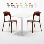 Table carrée 60x60 blanche et 2 chaises colorées Restaurant Lemon | Marron