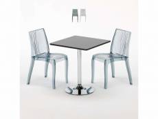 Table carrée noire 70x70cm avec 2 chaises colorées et transparentes set intérieur bar café dune platinum