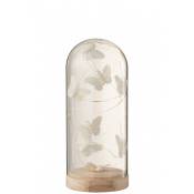 Cloche haute led papillons verre/bois blanc H22cm