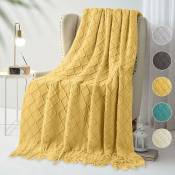Couvertures tricotées à Plaid,lit Jeté de lit Couverture à Franges Décoration Couverture à Tricoter 150x200cm (Jaune)