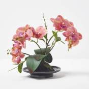 Orchidée artificielle pêche en pot en céramique noir 32 cm