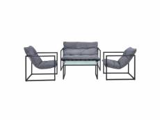 Salon de jardin table basse avec canapé et chaises extérieures en acier avec coussins oléfines et plateau de table en verre noir gris helloshop26 03_0