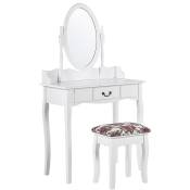 Beliani - Table de Maquillage Coiffeuse Blanche avec Tiroir Miroir Ovale et Tabouret Assorti Motif Floral pour Chambre au Style Glamour et Romantique