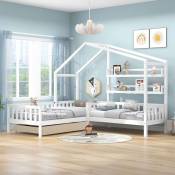 Lit cabane enfant avec tiroirs et étagères, bois massif avec sommier à lattes, cadre en L, blanc (90x200 cm+140x70cm)