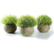 Lot de 3 petites plantes artificielles d'intérieur en pots, fausses plantes en plastique dans un pot rond gris, fausse plante d'intérieur et