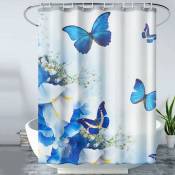 Rideau de douche à motif papillon, rideau de douche en tissu doublé d'un rideau de douche bleu papillon avec 12 crochets, adapté au lavage en machine