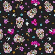 Skull Fabric-DT19-Crânes du Jour des Morts, brillant, 100 % coton, 50 cm