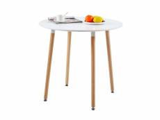 Table à manger ronde moderne laquée blanc mat pour 2 à 4 personnes - pieds en hêtre - 80 x 80 x 73 cm