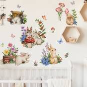Un lot de Sticker Mural lapin fleurs champignons Autocollant mural