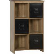 Bibliothèque design industriel - meuble de rangement 3 niches 3 casiers - panneaux particules aspect bois veinage portes métal noir