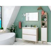 Caesaroo - Meuble salle de bain sur le sol 80 cm Chêne clair et Blanc brillant avec miroir et lavabo Couleur - Standard