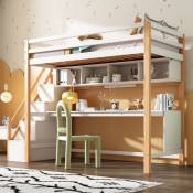 Lit mezzanine pour enfants 90x200cm,cadre de lit en pin massif avec clôture,lits superposés avec escalier de rangement,avec table et étagères,lits