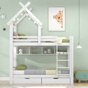 Lit superposé enfant avec tiroirs, étagères, escaliers, dispositif antichute, blanc (90x200 cm)
