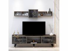Meuble tv et étagères murales mistery bois grisé et effet marbre noir