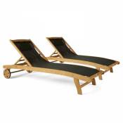 Oviala - Lot de 2 bains de soleil en bois fsc inclinable avec roues noir - Noir