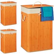 Panier à linge bambou, lot de 3, corbeille linge pliante, 83L, sac intérieur coton, 65,5 x 43,5 x 33,5 cm, orange