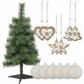 Wellhome - Sapin Nebraska 70 cm + 6 boules de Noël blanches 60mm + 6 décorations de Noël en bois de jute