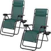 2x Chaises longues de jardin inclinables Chaise pliable avec porte-gobelet appui-tête Fauteuil relax Transat jardin vert