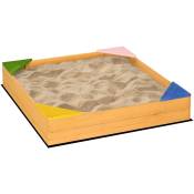 Bac à sable carré en bois pour enfants 4 assises en coin et film protection 109 x 109 x 19,8 cm bois naturel