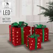 Ecd Germany - Set de 3 Boîtes Cadeaux de Noël led avec Rubans, Vert/Rouge, Blanc Chaud, Fonctionne sur Piles, Minuterie, Intérieur/ Extérieur,