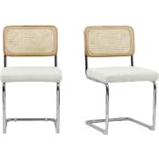 Homifab - Lot de 2 chaises en cannage, tissu bouclé écru et métal chromé - Muse - Ecru